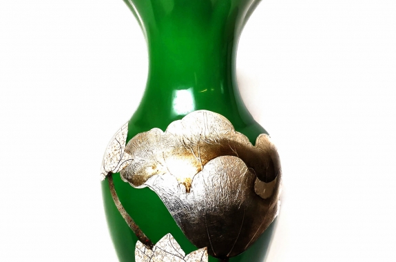 Green ceramic vase with hand-painted lotus